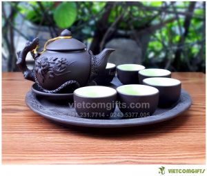 Quà Tặng Ấm Chén Gốm Đắp Nổi Khay Tròn 1 Lớp