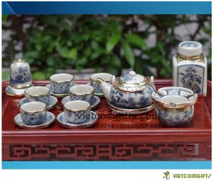 Quà Tặng Ấm Chén Men Rạn Bọc Đồng Dáng Nhật Vẽ Sen Trọn Bộ